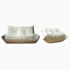 Set of White Bouclette Togo Pouf and 2-Seat Sofa by Michel Ducaroy for Ligne Roset