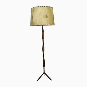 Italian Metal and Wood Floor Lamp with Decorated Paper Shade, 1960s