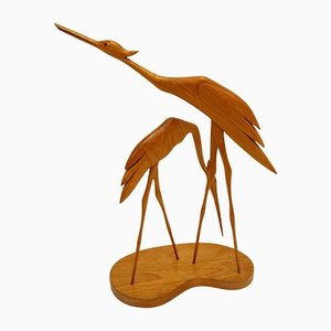 Mid-Century Teak Water Birds Sculpture on Plateau
