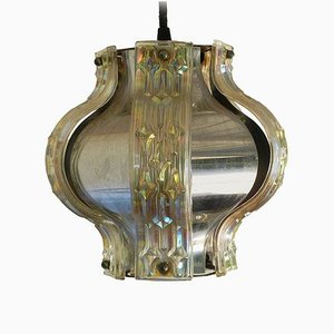 Lampada a sospensione Mid-Century in metallo cromato e pannelli in vetro iridescente, anni '50