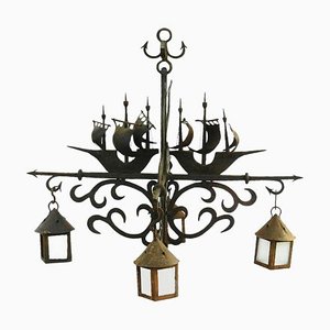 Large Wrought Iron Marine Galleon Dolphin Chandelier Attributed to Poillerat, 1930s