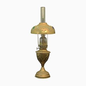 Lámpara de aceite francesa antigua bohemia de latón y cabujón, 1910