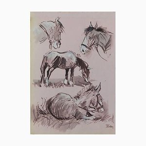 Acuarela de caballos Study of Horses de Peter Hobbs, años 30