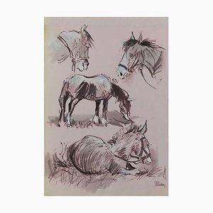 Studio di cavalli Dipinto ad acquerello di cavalli di Peter Hobbs, anni '30