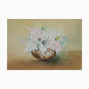 English Flowers in a Bowl Watercolor, 1905