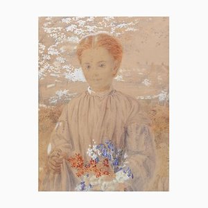 Acuarela original de una niña inglesa del siglo XIX en el jardín con flores