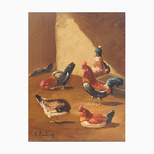 Peinture à l'Huile de Ferme par Lambert Ducks, France, 19ème Siècle