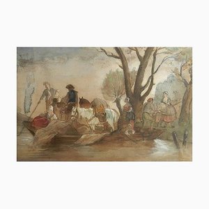 Aldeanos franceses de acuarela en Waters Edge Manner de Jules Hereau, 1870