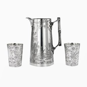 Juego de jarra y vasos ingleses victorianos de plata maciza, siglo XIX, Holland & Sonter, años 80. Juego de 3