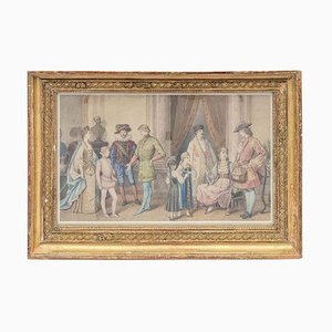 Framed Costume Ball Scene Watercolor, 1850s