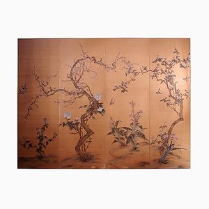 Antique Japanese Painted Silk Panel with Flowers and Birds Decor, 1900s