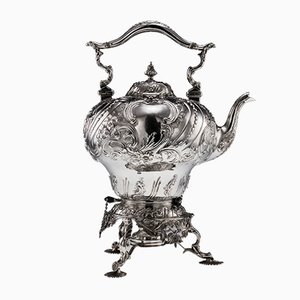 19th Century Victorian English Solid Silver Tea Kettle Stand and Burner from George Richards Elkington, 1850s