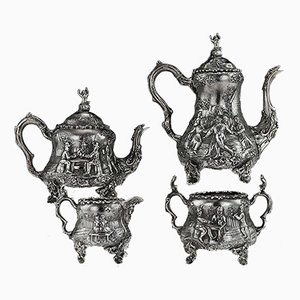19th Century Victorian English Solid Silver Teniers Tea and Coffee Set from Daniel & Charles Houle, 1860s, Set of 4