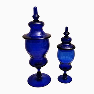 Murano Bottle Jars with Lids in Blown Blue Glass,  Set of 2