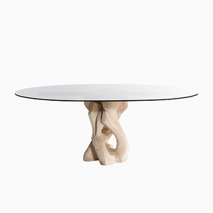 Mid-Century Italian Oval Glass Top and Abstract Brutalist Sculptural Base Dining Table, 1960s