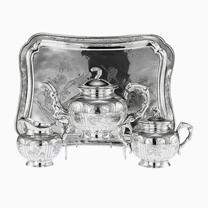 Antique Chinese Solid Silver Tea Set on Tray, 1910s, Set of 4