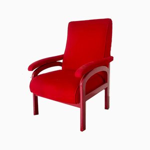 Red Fabric and Wood Reclining Lounge Chair, 1970s