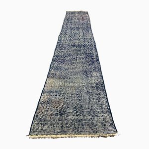 Distressed Turkish Narrow Runner Rug in Wool Overdyed Blue