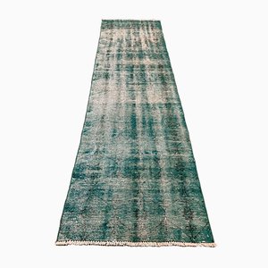 Distressed Turkish Narrow Runner Rug in Wool Overdyed Green