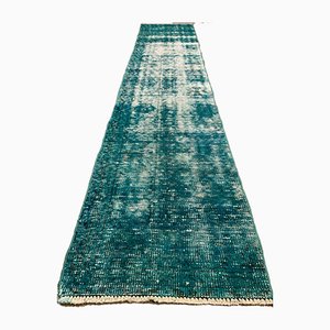 Distressed Turkish Narrow Runner Rug in Wool Overdyed Green