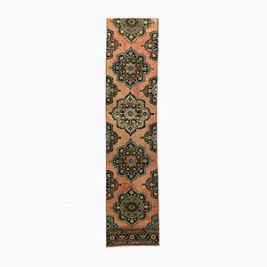 Vintage Turkish Pink and Green Distressed Woolen Tribal Runner Rug