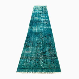 Vintage Turkish Overdyed Blue Distressed Woolen Tribal Runner Rug