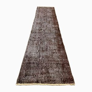 Vintage Turkish Overdyed Brown Distressed Woolen Tribal Runner Rug