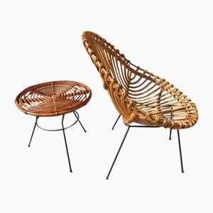 Set of Italian Rattan Egg Chairs and Small Table Set, 1950s