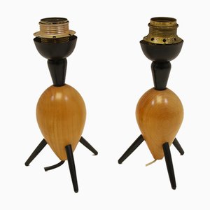 Lámparas de mesa vintage de teca con trípode. Juego de 2