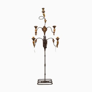 Large Standing Candleholder with 5 Lights in Forged Iron and Wood Carving, 1950s