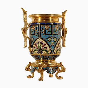 Vaso da fiori in bronzo dorato con decorazione smaltata, Francia, XIX secolo