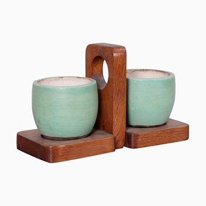 Tazze in ceramica e vassoio in quercia di Kéramos, Francia, anni '50, set di 3