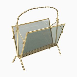 Brass and Glass Faux Bamboo Magazine Rack from Maison Baguès, 1960s