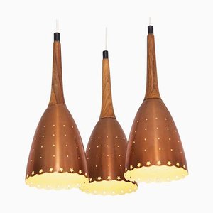 Lustre en Cuivre avec Abat-Jours Perforés et Détails en Bois Tropique, 1950s