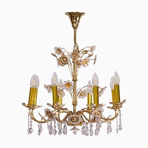 Large Gilded Brass and Glass Flower Chandelier from Palwa, 1960s