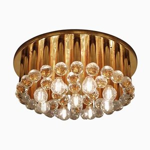 Large Glass Crystal Drops and Brass Flush Mount by Ernst Palme, 1960s