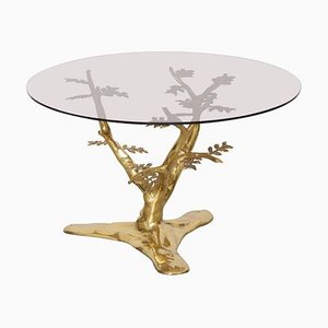 Table Basse Sculpture d'Arbre en Laiton avec Plateau Rond en Verre, 1970s