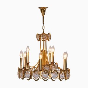 Large Gilded Brass and Glass Chandelier from Palwa, 1960s