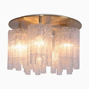 Large Flush Mount Chandelier with Glass Tubes and Brass Plate from Doria Leuchten, 1960s