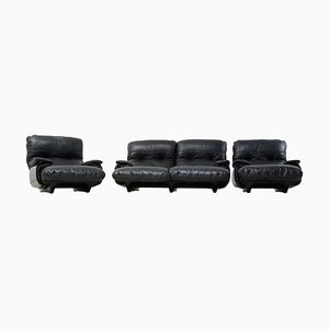 Sofa Set in Brown Acrylic Glass with Black Leather by Michel Ducaroy for Ligne Roset, 1970s, Set of 3