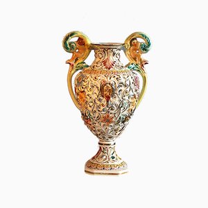 Große Vintage Porzellan Amphora Vase im Rokoko Stil von Capodimonte