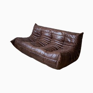 Vintage Brown Leather 3-Seat Togo Sofa by Michel Ducaroy for Ligne Roset