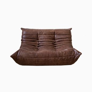Vintage Brown Leather 2-Seat Togo Sofa by Michel Ducaroy for Ligne Roset