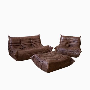 Vintage Brown Leather Togo Living Room Set by Michel Ducaroy for Ligne Roset, Set of 3