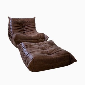 Dark Brown Leather Togo Lounge Chair and Pouf by Michel Ducaroy for Ligne Roset, Set of 2