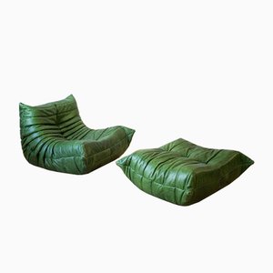 Dubai Green Leather Togo Lounge Chair and Pouf by Michel Ducaroy for Ligne Roset, Set of 2