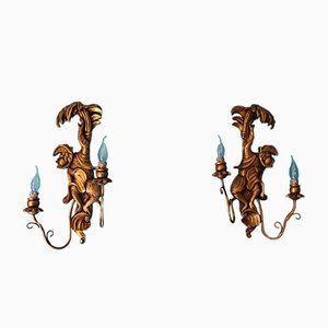 Vintage Wood Sconces Featuring Monkeys, Set of 2