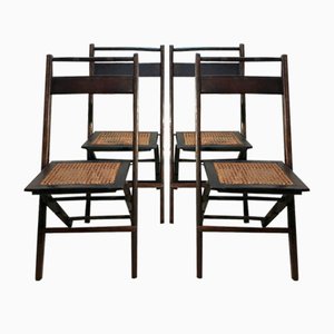 Mid-Century American Walnut and Straw Folding Chairs, 1950s, Set of 4