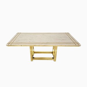 Dining Table in Travertine and Gold by Alain Delon, France, 1980s