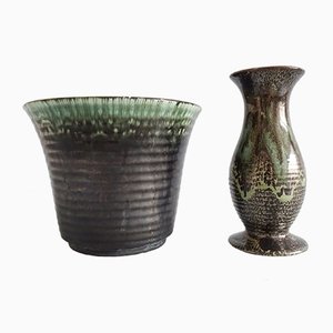 Deutsche Mid-Century Keramikvase und Pflanzgefäß, 1940er, 2er Set